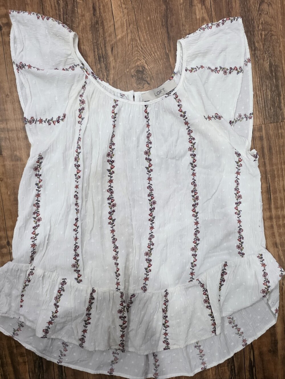 LOFT White Eyelet Stripe Floral Ruffle Cap-Sleeve Blouse